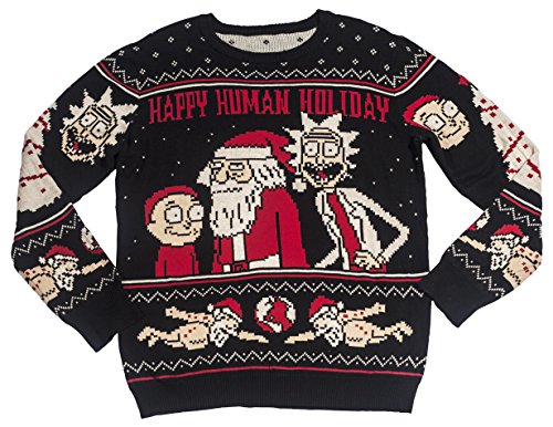 Ripple Junction Rick and Morty Adult Happy Human Holiday Medium Weight Knit Crew Sweater LG Black