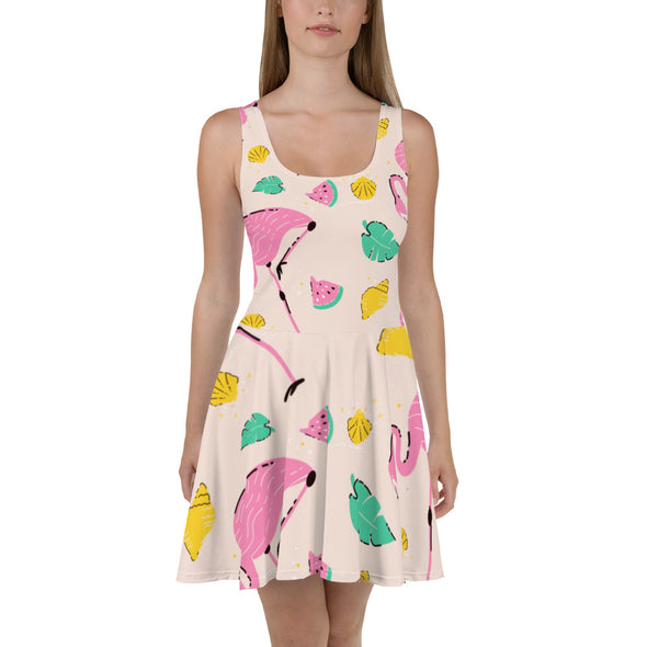 Renerded Pink Flamingo Pattern Skater Dress