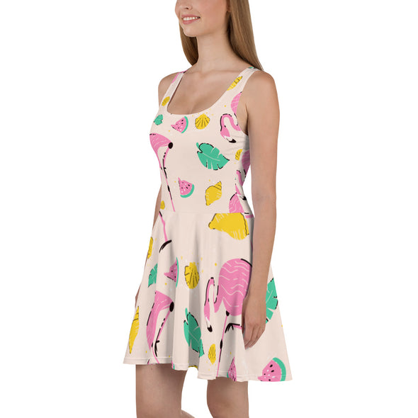 Renerded Pink Flamingo Pattern Skater Dress