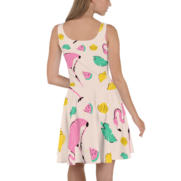 Renerded Pink Flamingo Pattern Skater Dress