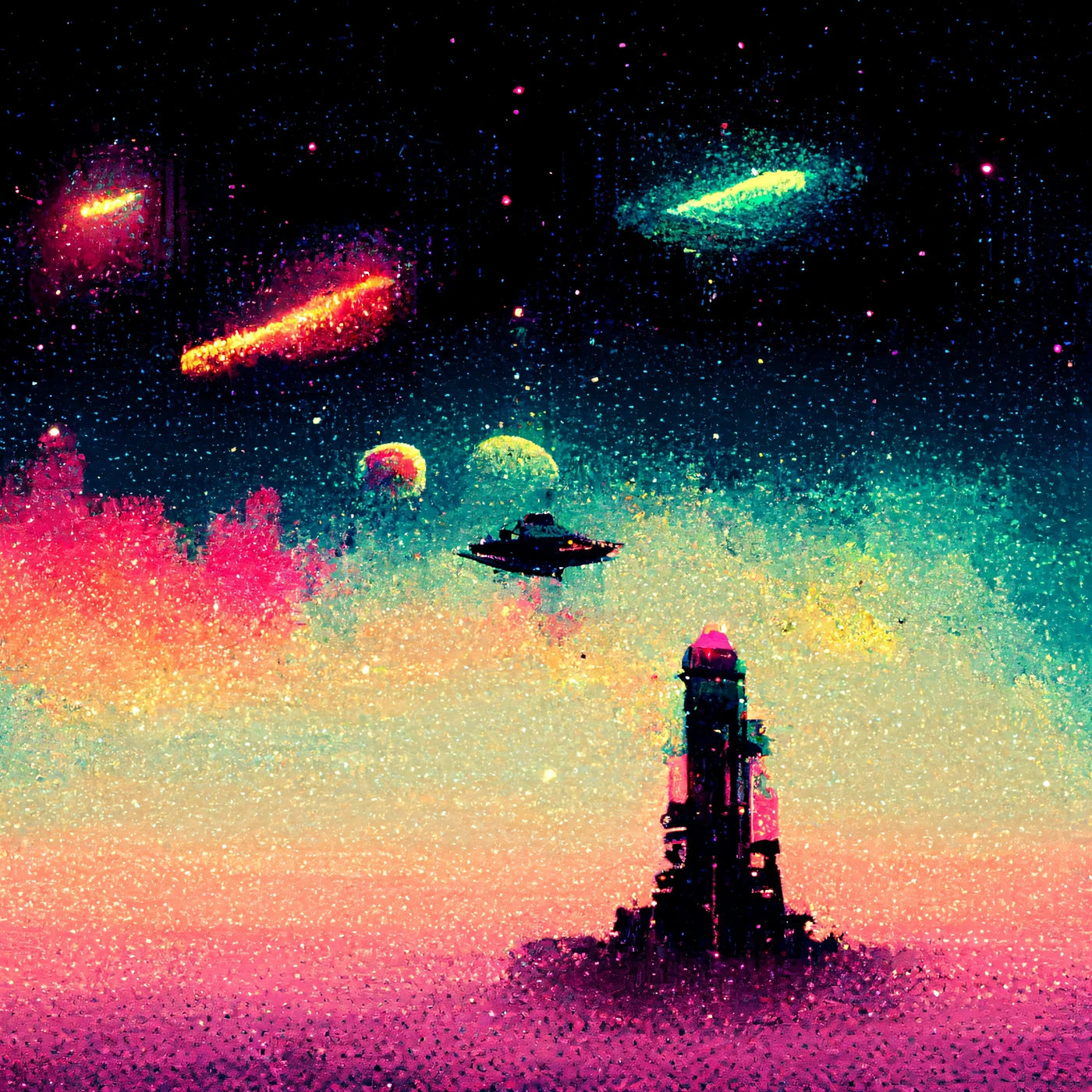 Neon Outpost cosmic landscape