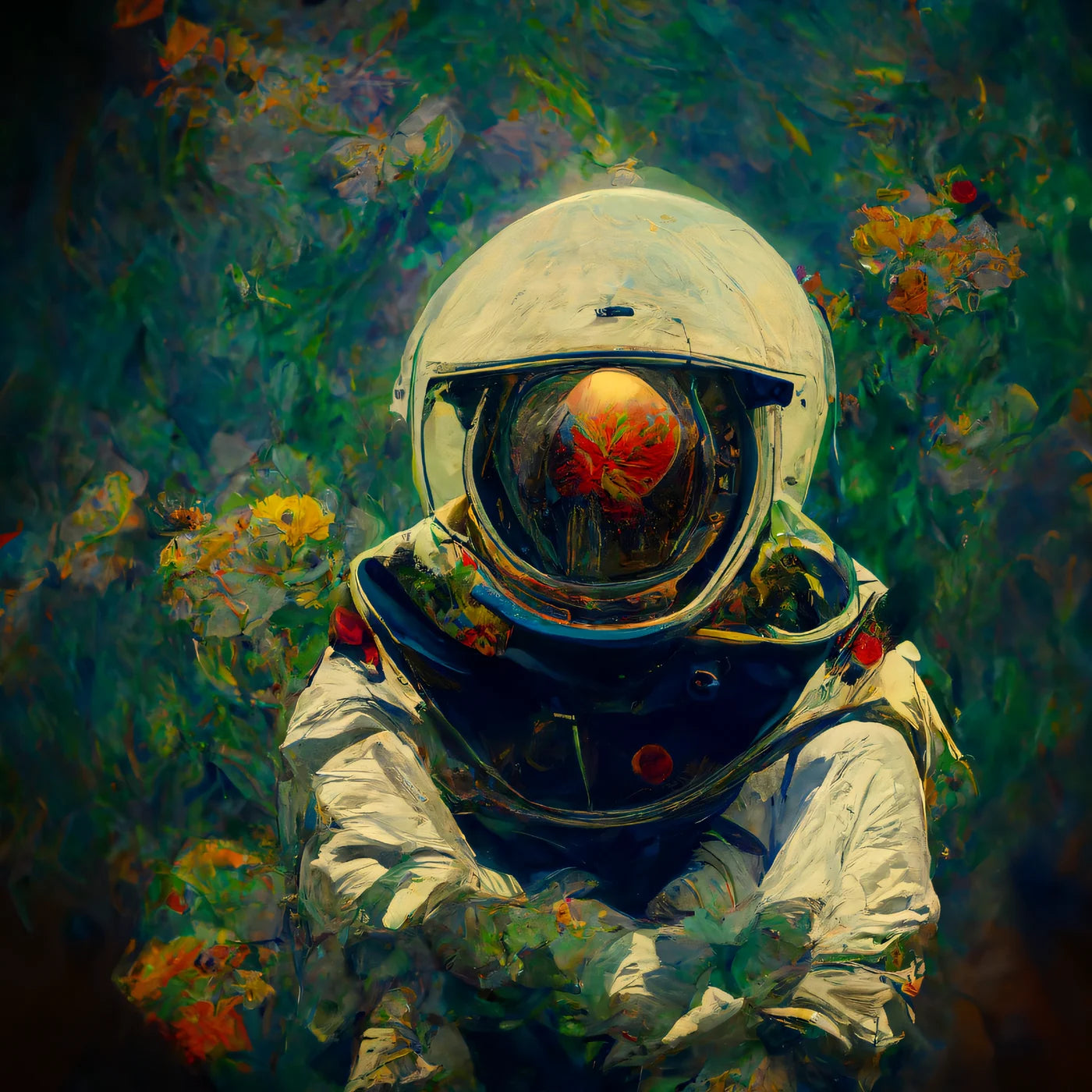 The Painted Astronaut in a painterly garden